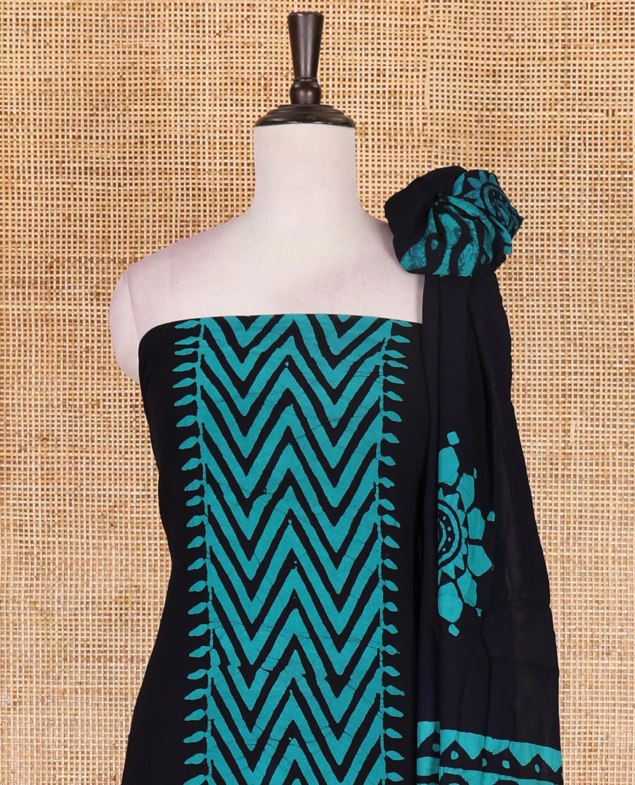 Navy blue-rama green material chudidar set, chevron stripes hand block printed viscose georgette top, contrast santoon bottom, and viscose georgette hand block printed dupatta - Image 2