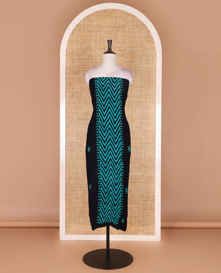 Navy blue-rama green material chudidar set, chevron stripes hand block printed viscose georgette top, contrast santoon bottom, and viscose georgette hand block printed dupatta - Image 3
