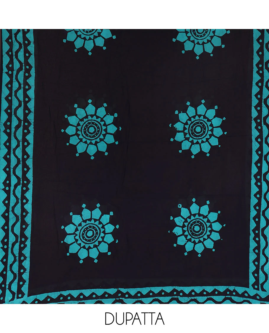 Navy blue-rama green material chudidar set, chevron stripes hand block printed viscose georgette top, contrast santoon bottom, and viscose georgette hand block printed dupatta - Image 4