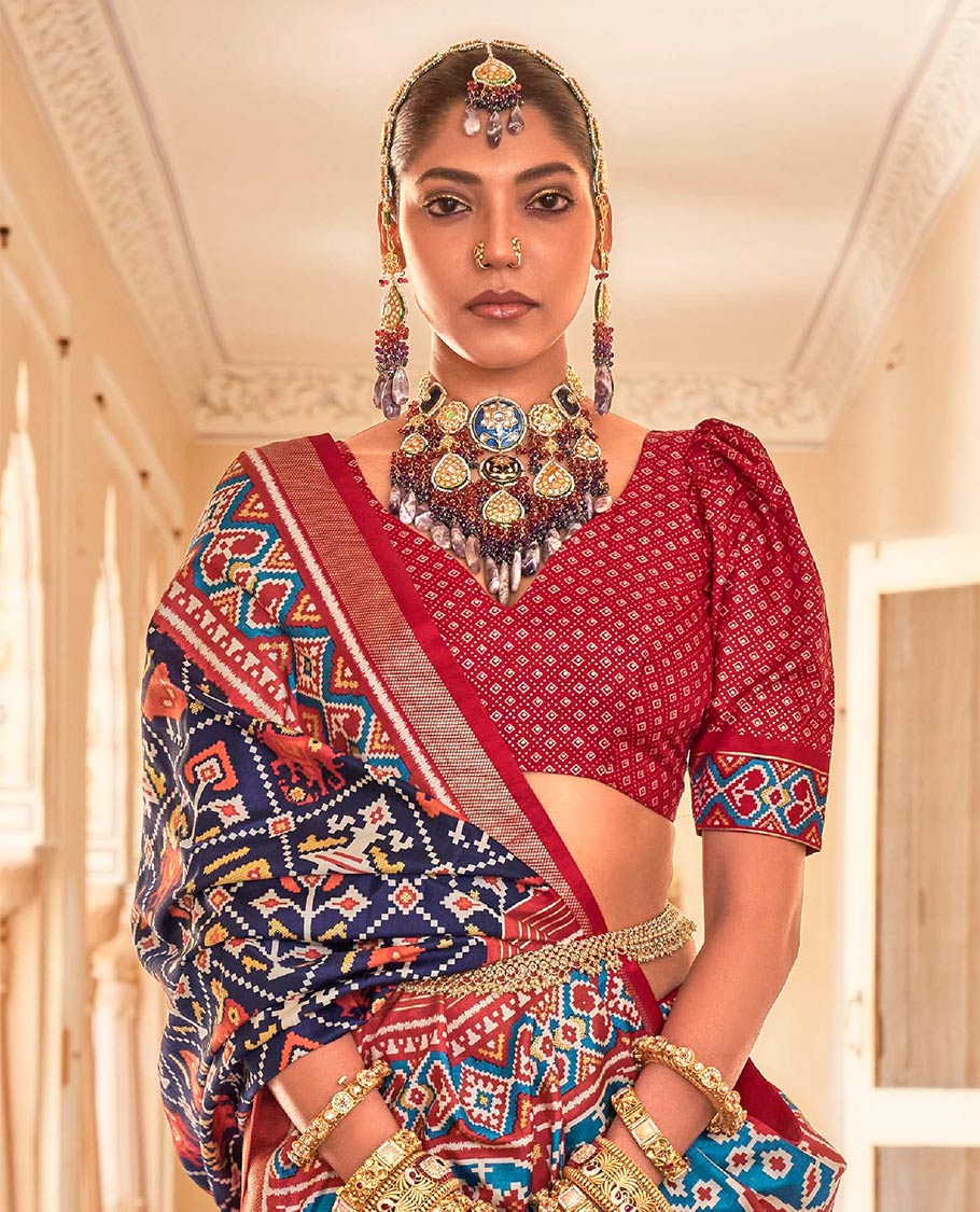 Navy blue-red buttas enclosed jaal patterned patola designer catalog saree, contrast border and pallu of patola designs - Image 2