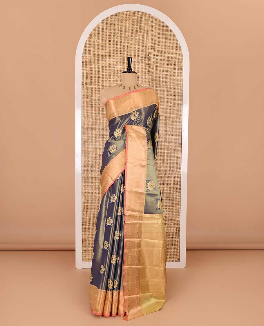 Navy blue rose motifs with zari jacquard Kanchi tissue saree, contrast traditional zari design border, gleaming pallu, and a contrast jacquard blouse - Image 2