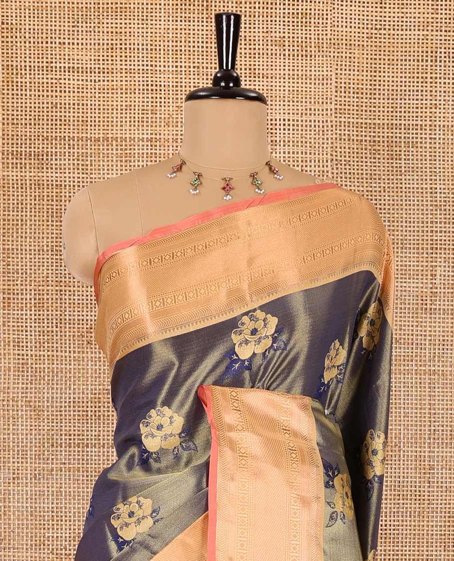 Navy blue rose motifs with zari jacquard Kanchi tissue saree, contrast traditional zari design border, gleaming pallu, and a contrast jacquard blouse - Image 3