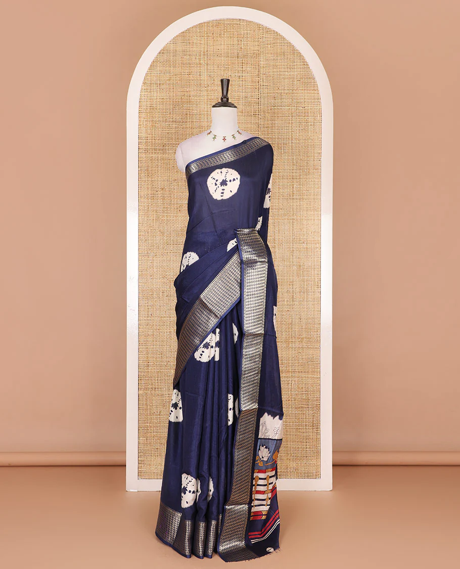 Navy blue shibori printed dola silk saree, traditional zari border, printed pallu, and blouse of print, and zari work - Image 2