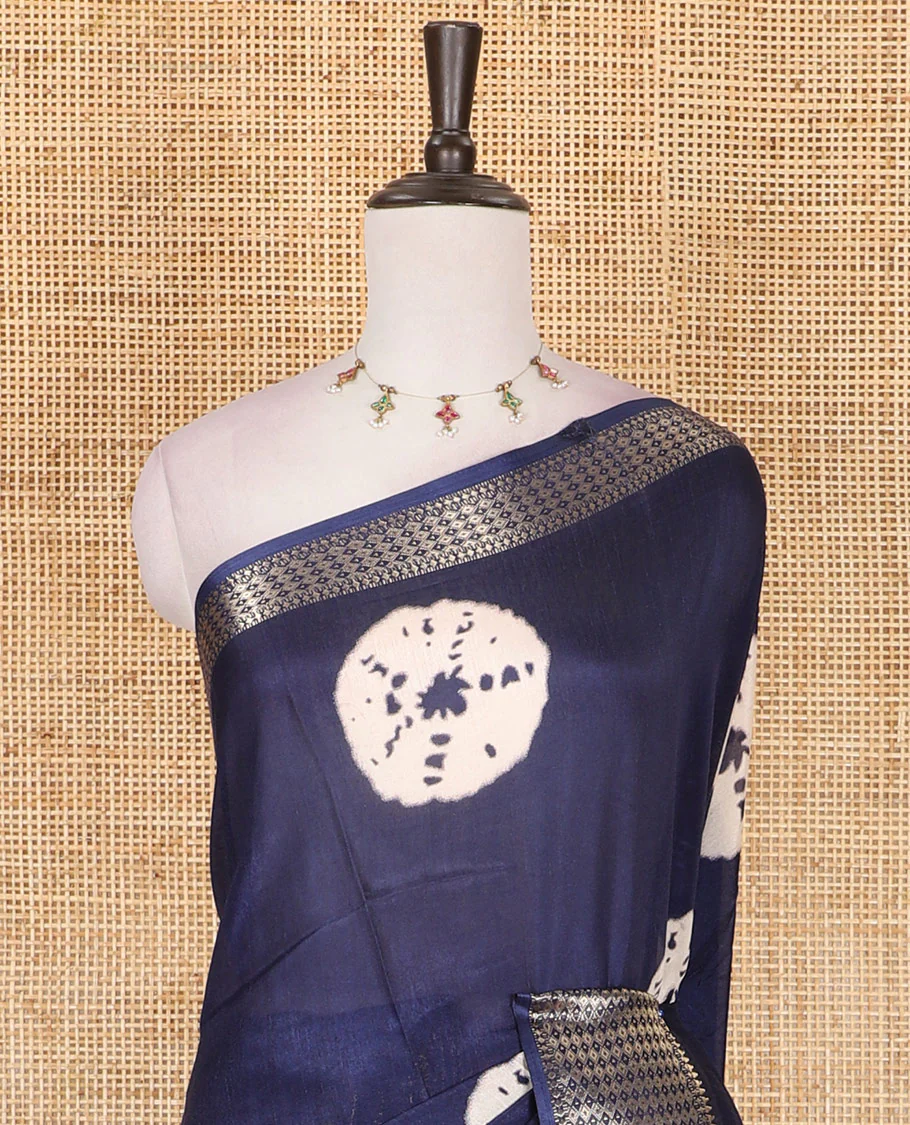Navy blue shibori printed dola silk saree, traditional zari border, printed pallu, and blouse of print, and zari work - Image 3