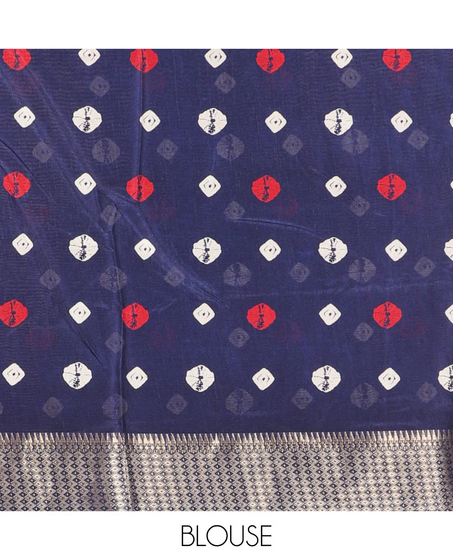 Navy blue shibori printed dola silk saree, traditional zari border, printed pallu, and blouse of print, and zari work - Image 4