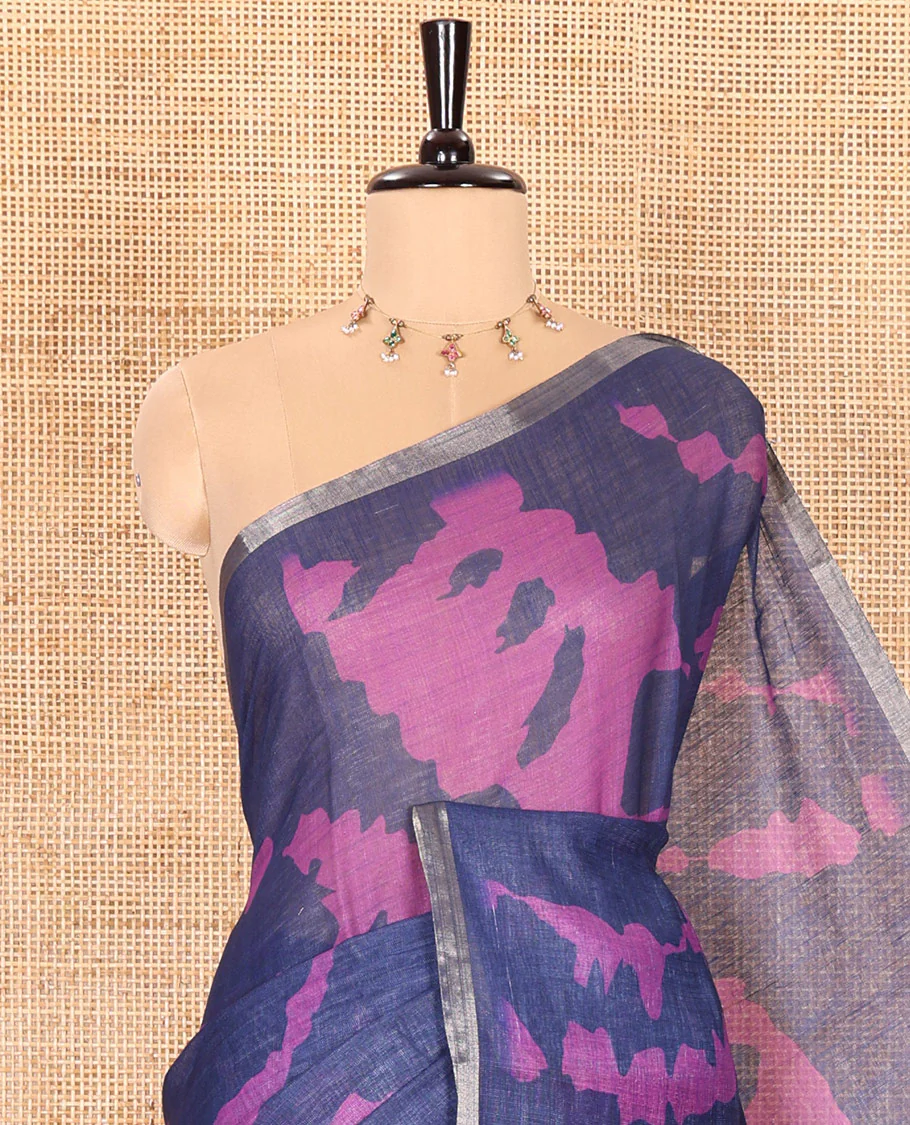 Navy blue shibori printed linen cotton saree, piping border, contrast floral printed pallu, and a contrast floral printed blouse - Image 2