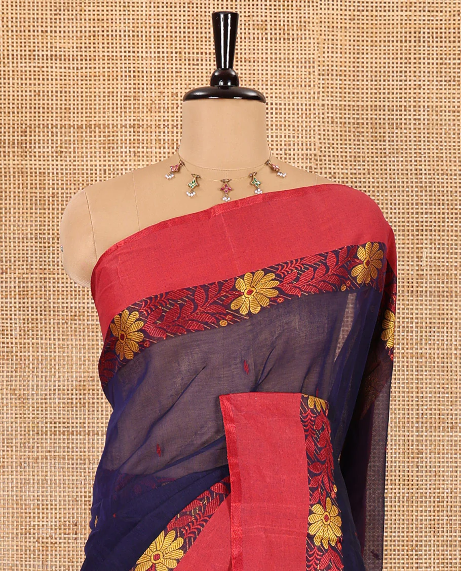 Navy blue thread buttas woven Bengal cotton saree, contrast floral creeper border, and striped pallu - Image 3