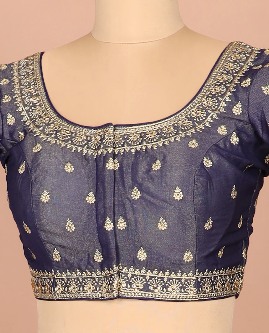 Navy blue thread embroidered front-and-back round elbow-sleeve readymade blouse - Image 2