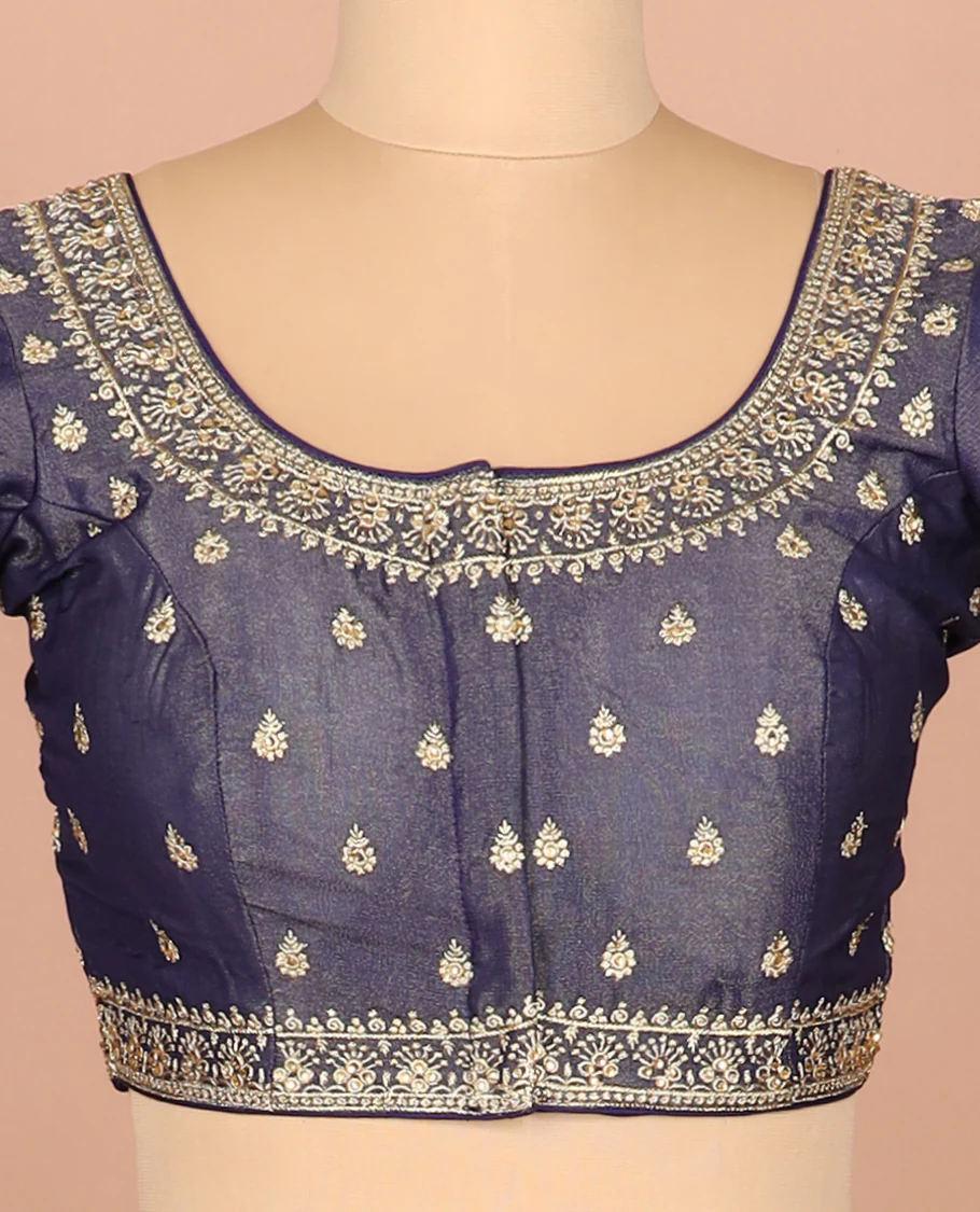 Navy blue thread embroidered front-and-back round elbow-sleeve readymade blouse - Image 3