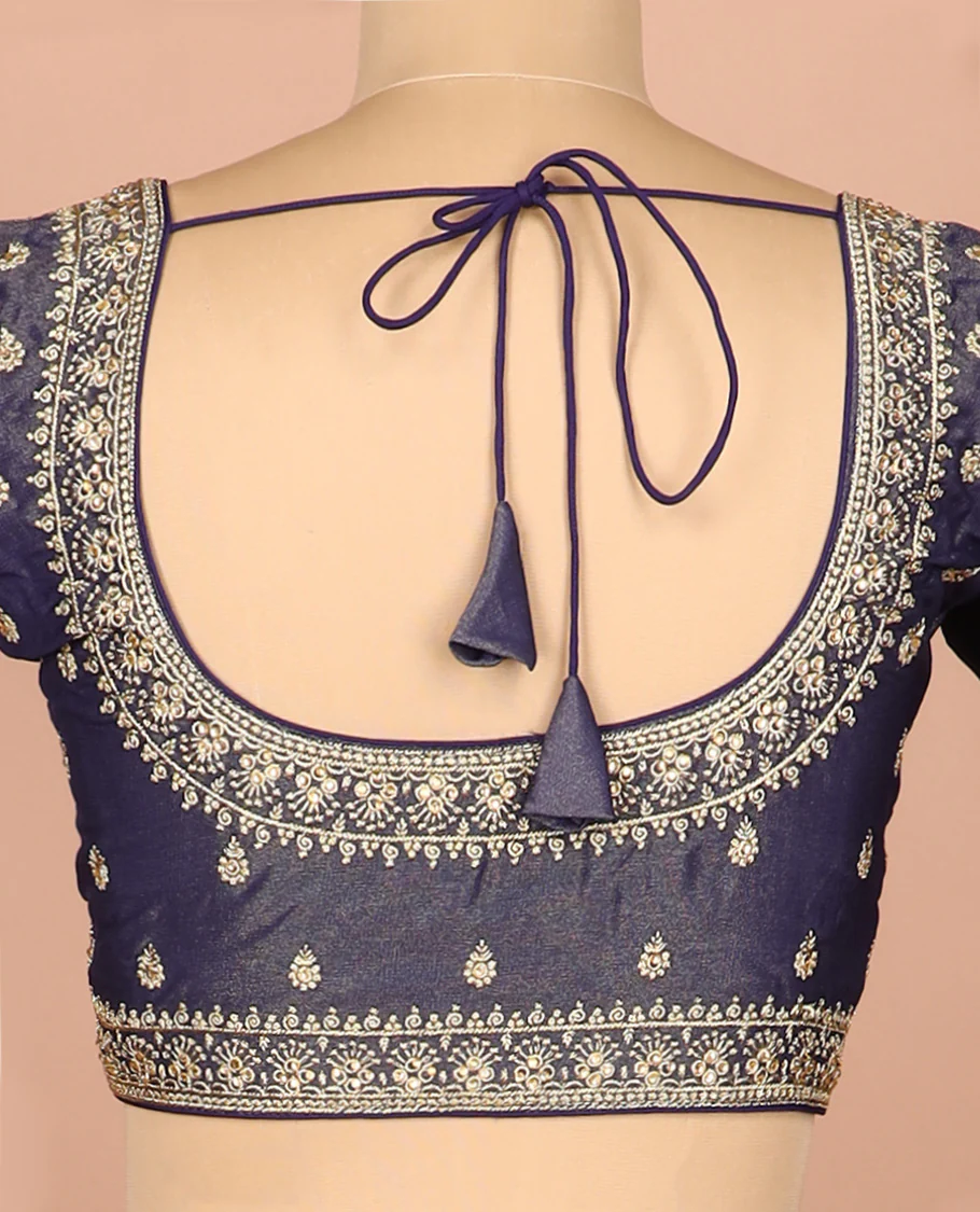 Navy blue thread embroidered front-and-back round elbow-sleeve readymade blouse - Image 4