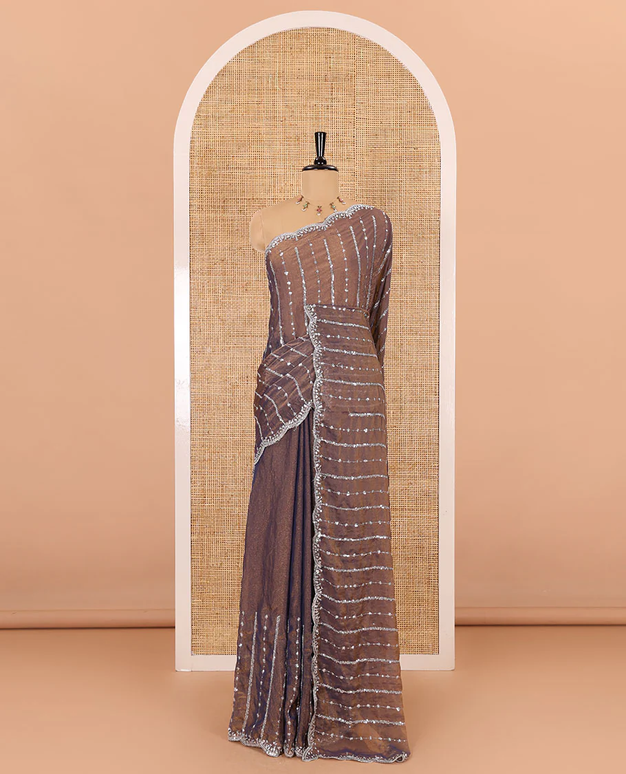 Navy blue vertical stripes embroidered shimmer chiffon saree, scallop embroidered border, embroidered pallu, and fancy embroidered matching blouse - Image 2