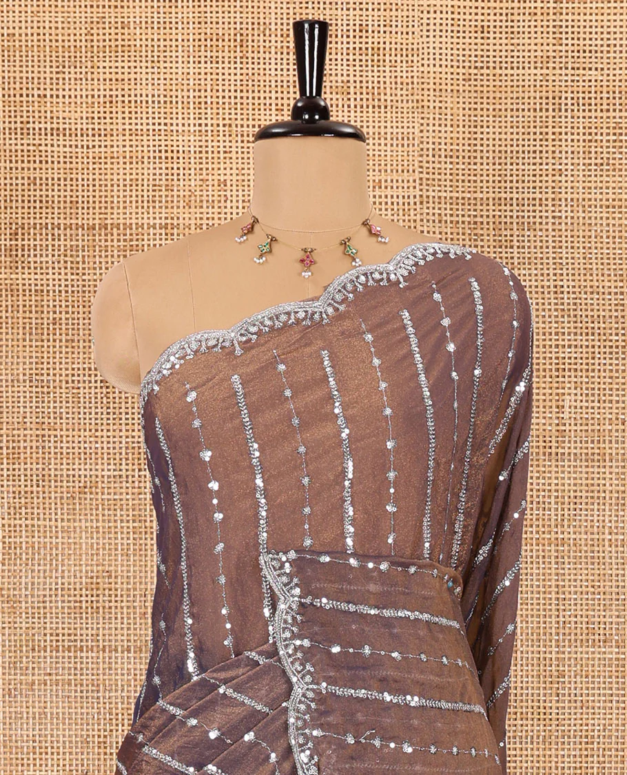 Navy blue vertical stripes embroidered shimmer chiffon saree, scallop embroidered border, embroidered pallu, and fancy embroidered matching blouse - Image 3