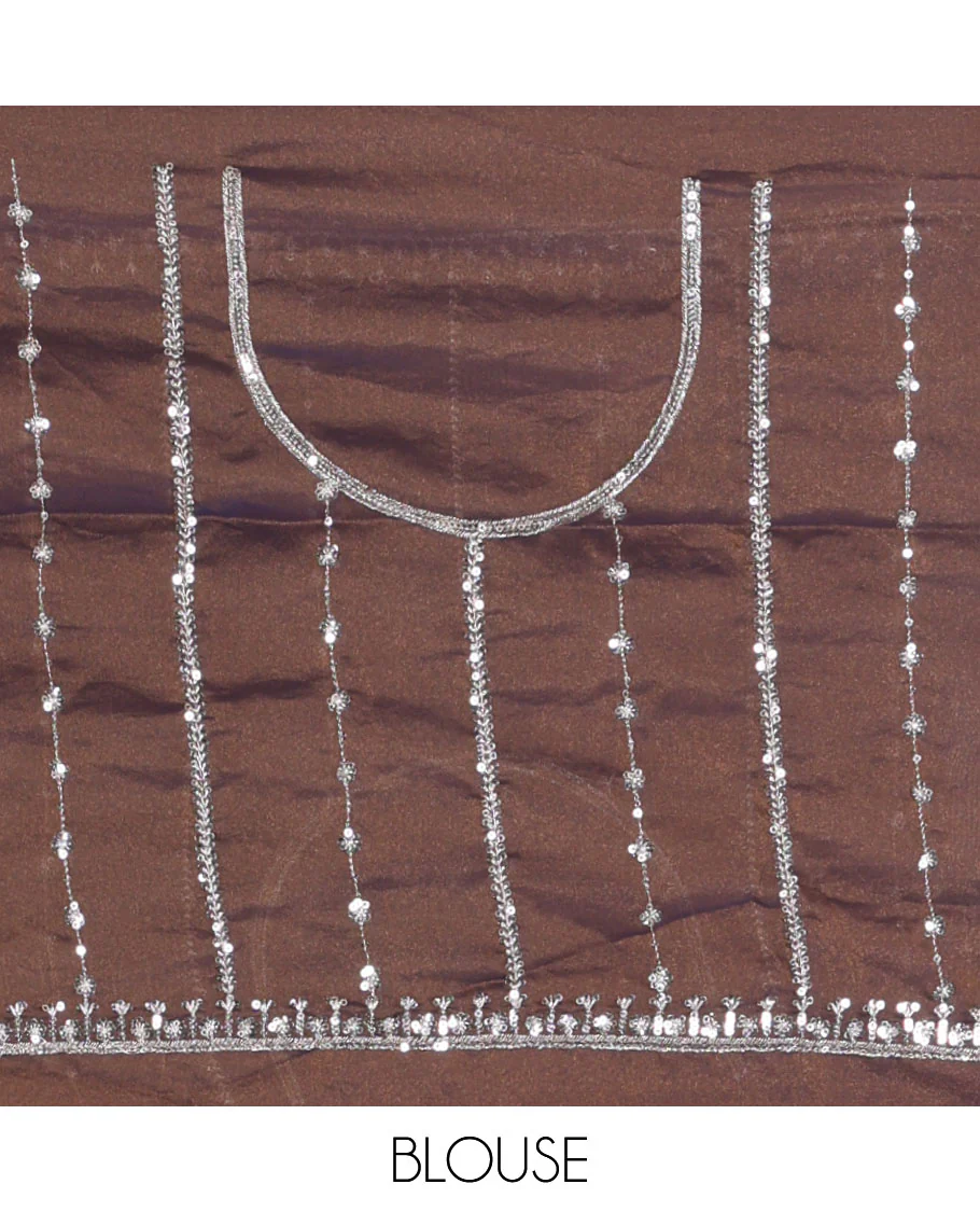 Navy blue vertical stripes embroidered shimmer chiffon saree, scallop embroidered border, embroidered pallu, and fancy embroidered matching blouse - Image 4