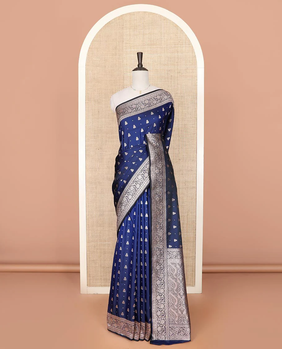 Navy blue zari buttas mushru silk saree, floral creeper design border, and intricately designed pallu - Image 2