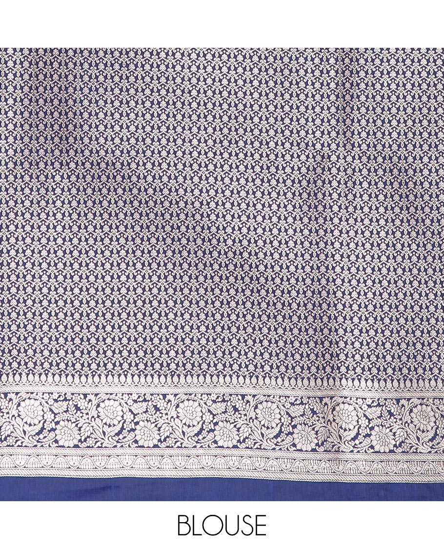 Navy blue zari buttas mushru silk saree, floral creeper design border, and intricately designed pallu - Image 4