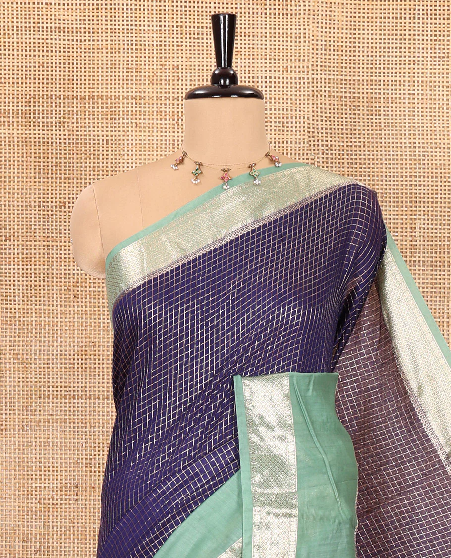 Navy blue zari checked Assam cotton saree, contrast traditional zari design border, zari design pallu, and a contrast zari design blouse - Image 2
