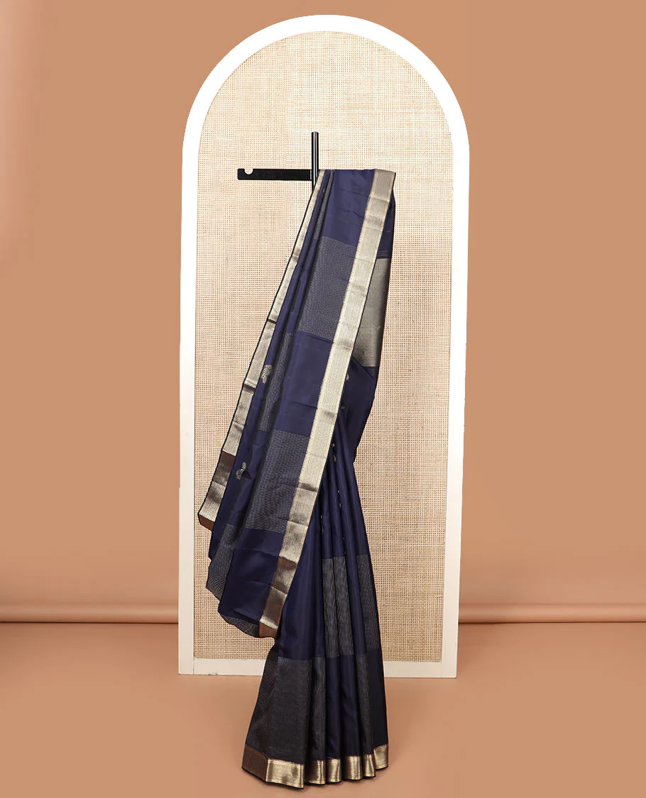 Navy blue zari design Vasundhara silk saree, zari border of salngai and muthu designs, and zari design pallu
