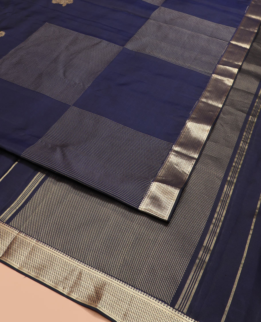 Navy blue zari design Vasundhara silk saree, zari border of salngai and muthu designs, and zari design pallu - Image 2