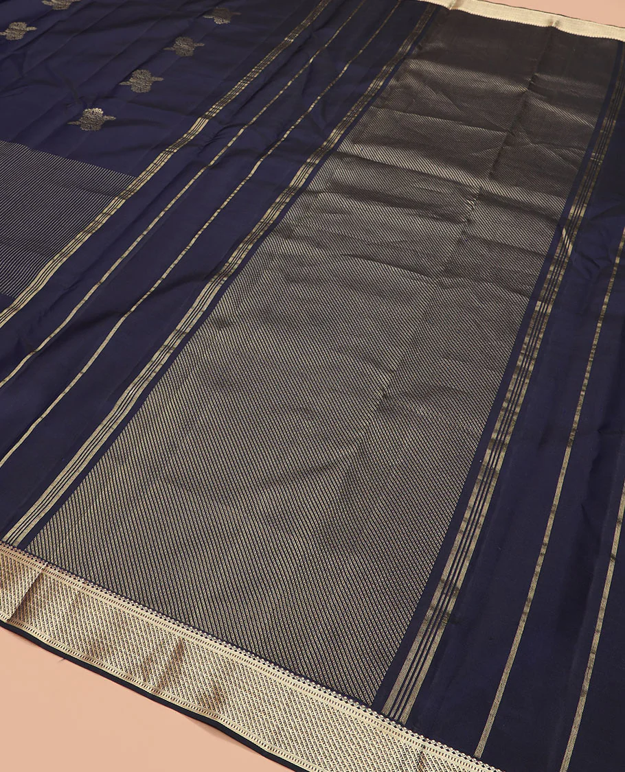 Navy blue zari design Vasundhara silk saree, zari border of salngai and muthu designs, and zari design pallu - Image 5