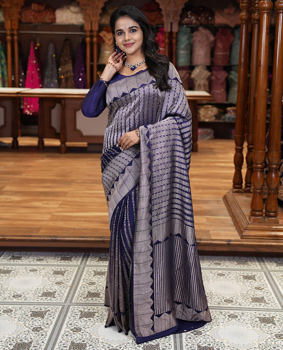 Navy blue zari geometric fancy crepe saree, temple zari border, zari striped pallu, and a matching buttas woven blouse - Image 2