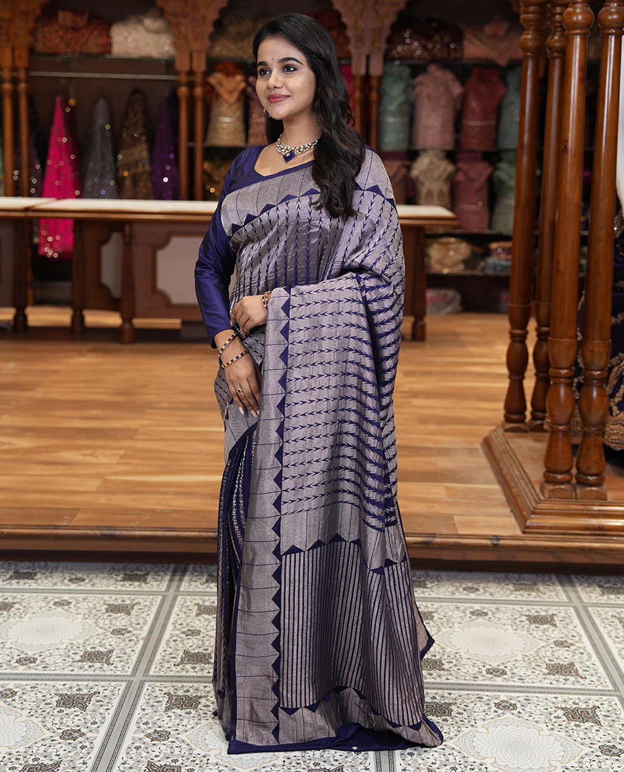 Navy blue zari geometric fancy crepe saree, temple zari border, zari striped pallu, and a matching buttas woven blouse - Image 3