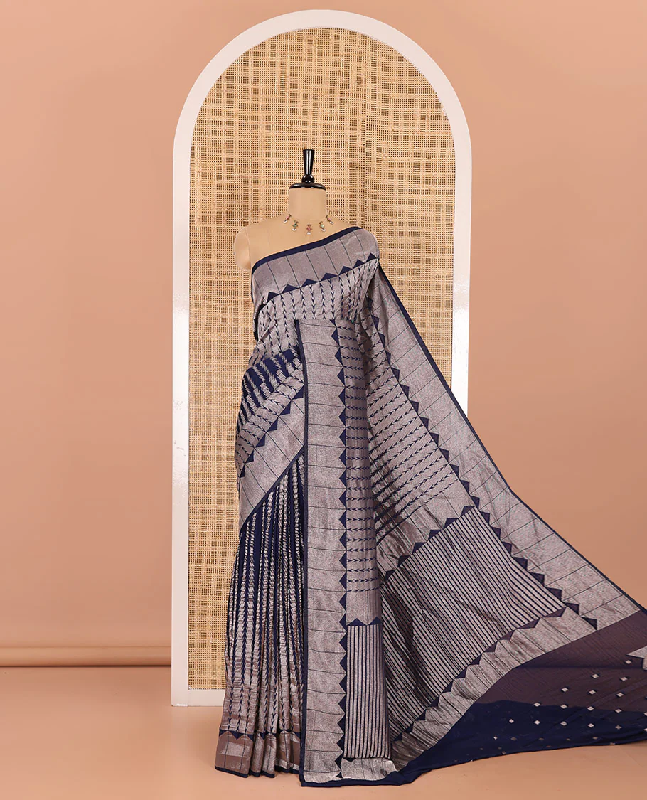 Navy blue zari geometric fancy crepe saree, temple zari border, zari striped pallu, and a matching buttas woven blouse - Image 4