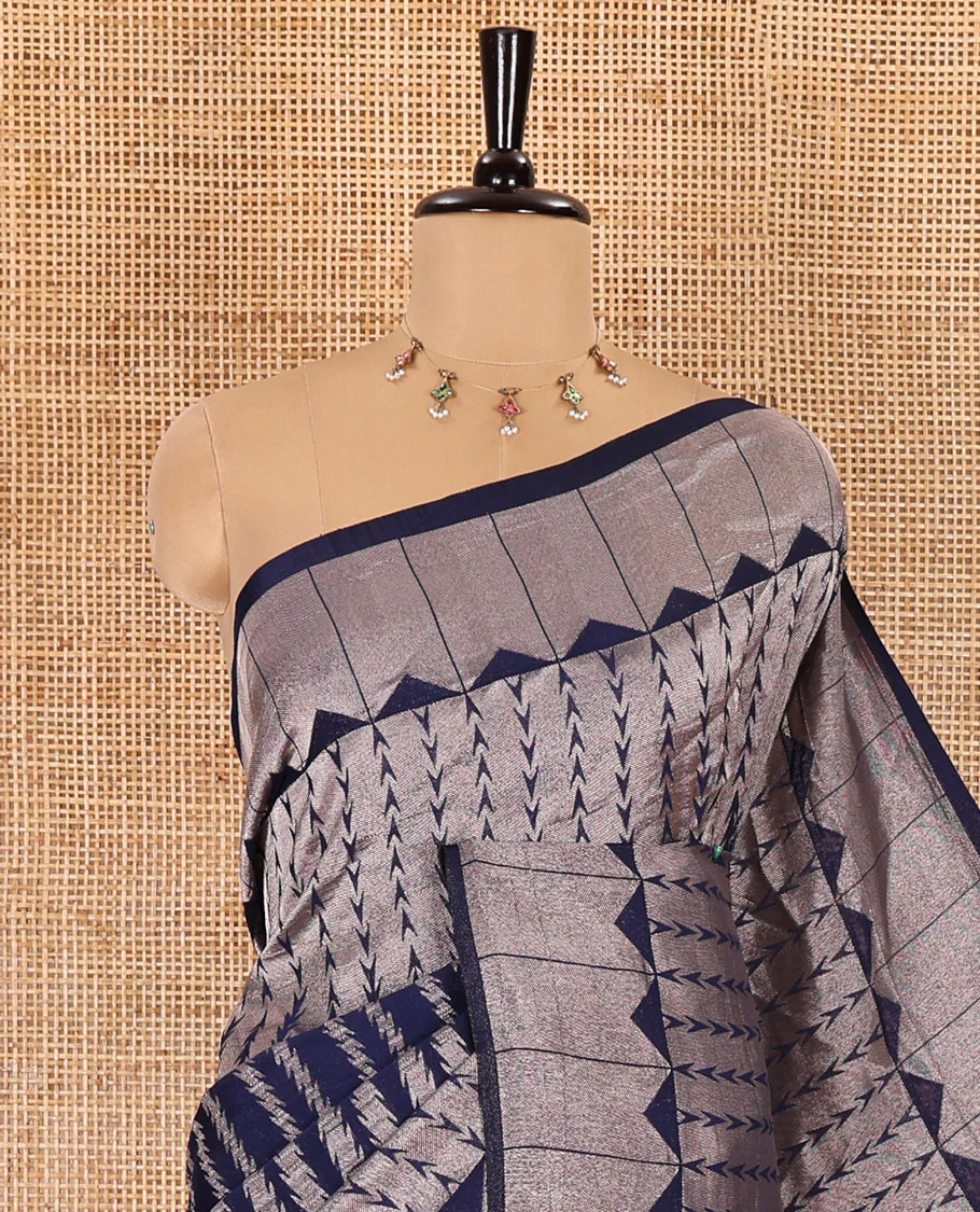 Navy blue zari geometric fancy crepe saree, temple zari border, zari striped pallu, and a matching buttas woven blouse - Image 5