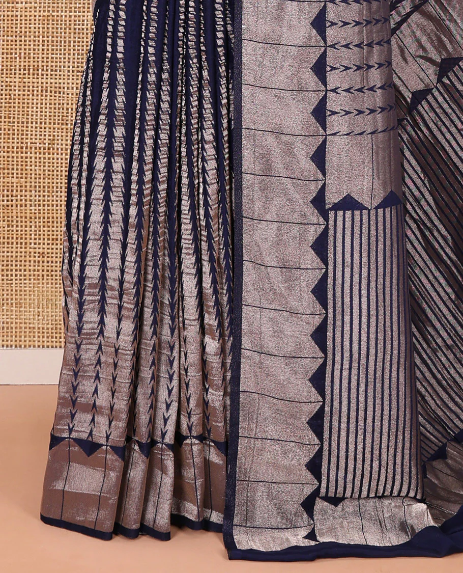 Navy blue zari geometric fancy crepe saree, temple zari border, zari striped pallu, and a matching buttas woven blouse - Image 6