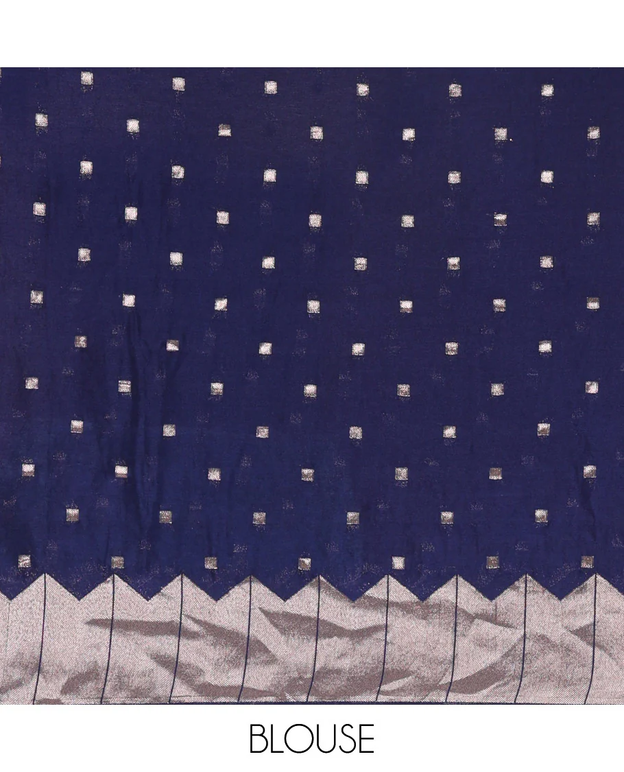 Navy blue zari geometric fancy crepe saree, temple zari border, zari striped pallu, and a matching buttas woven blouse - Image 7