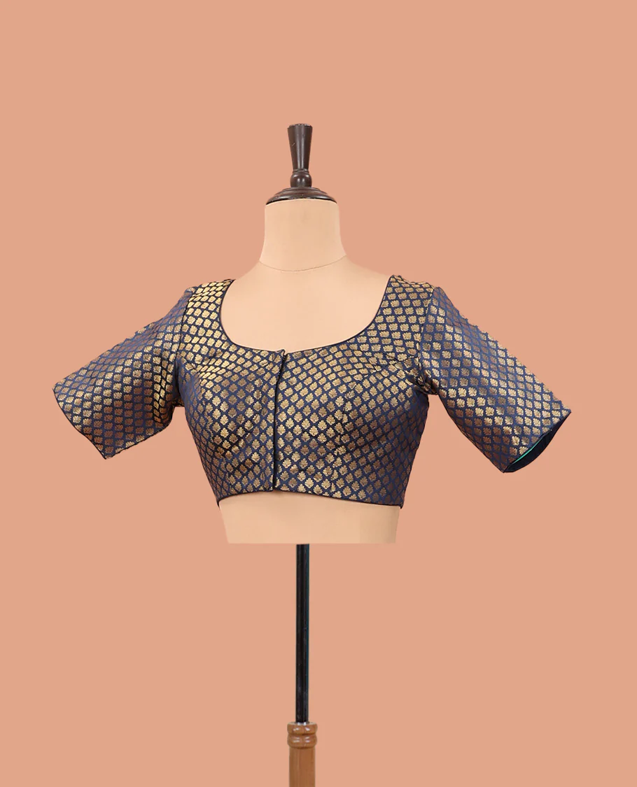 Navy blue zari jacquard front-back round neck elbow sleeve readymade blouse