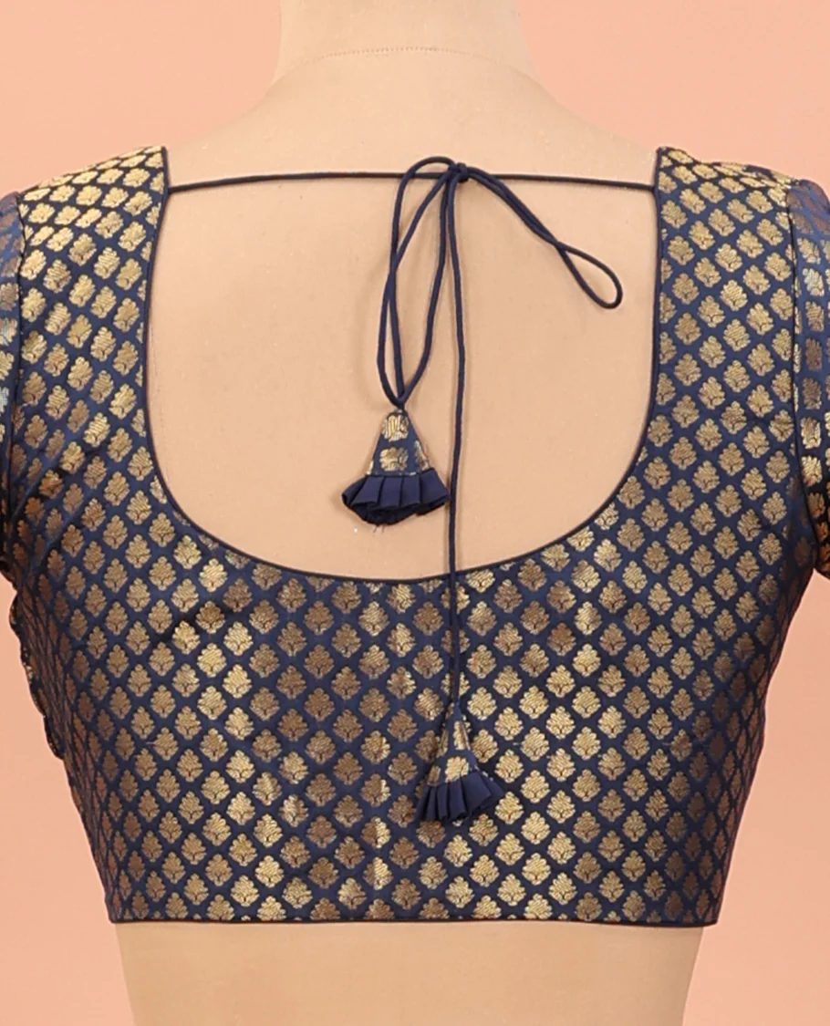 Navy blue zari jacquard front-back round neck elbow sleeve readymade blouse - Image 4
