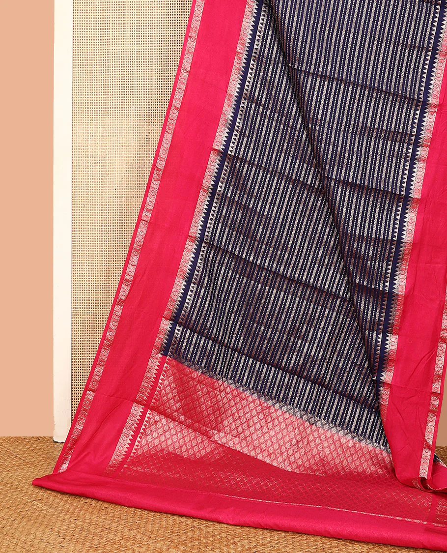 Navy blue zig-zag stripes with polka dots zari woven assam silk saree, contrast traditional motifs woven double border, and zari design pallu - Image 2