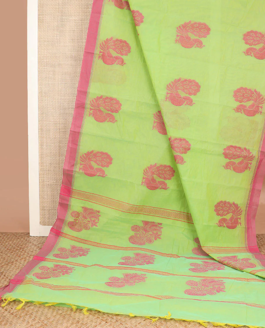 Neon green peacock buttas kanchi cotton saree, contrast plain border, and floral potted pallu - Image 2