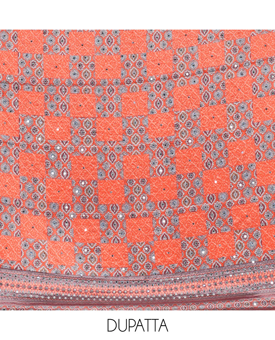 Neon orange material chudidar set, intricately printed with neck mirror work crepe top, Italian crepe bottom, and digital printed mirror work chinon dupatta - Image 2