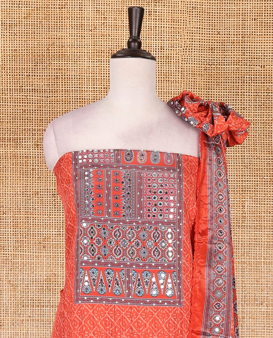 Neon orange material chudidar set, intricately printed with neck mirror work crepe top, Italian crepe bottom, and digital printed mirror work chinon dupatta - Image 3