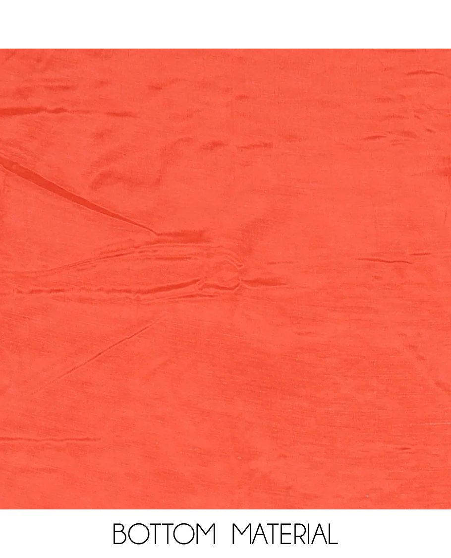 Neon orange material chudidar set, intricately printed with neck mirror work crepe top, Italian crepe bottom, and digital printed mirror work chinon dupatta - Image 5