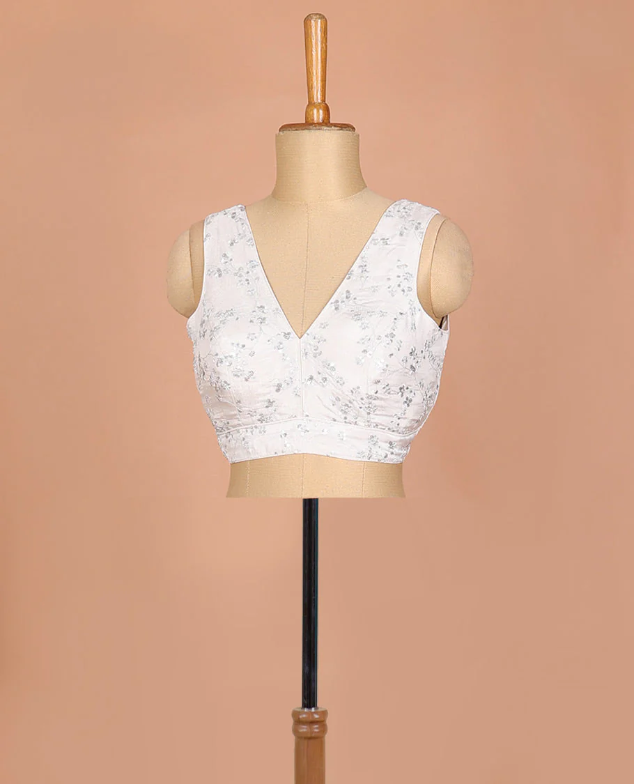 Off-white floral vine thread embroidered sleeveless readymade blouse with front and back deep-V neck