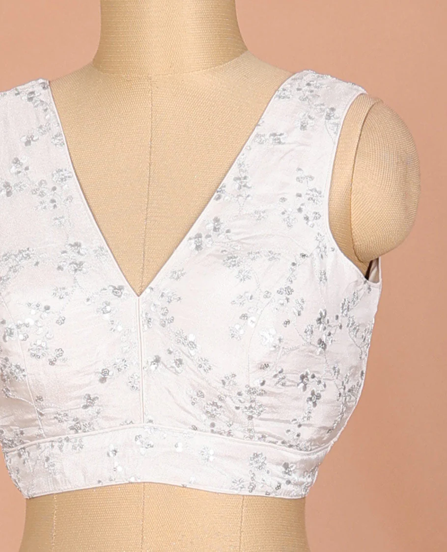 Off-white floral vine thread embroidered sleeveless readymade blouse with front and back deep-V neck - Image 2