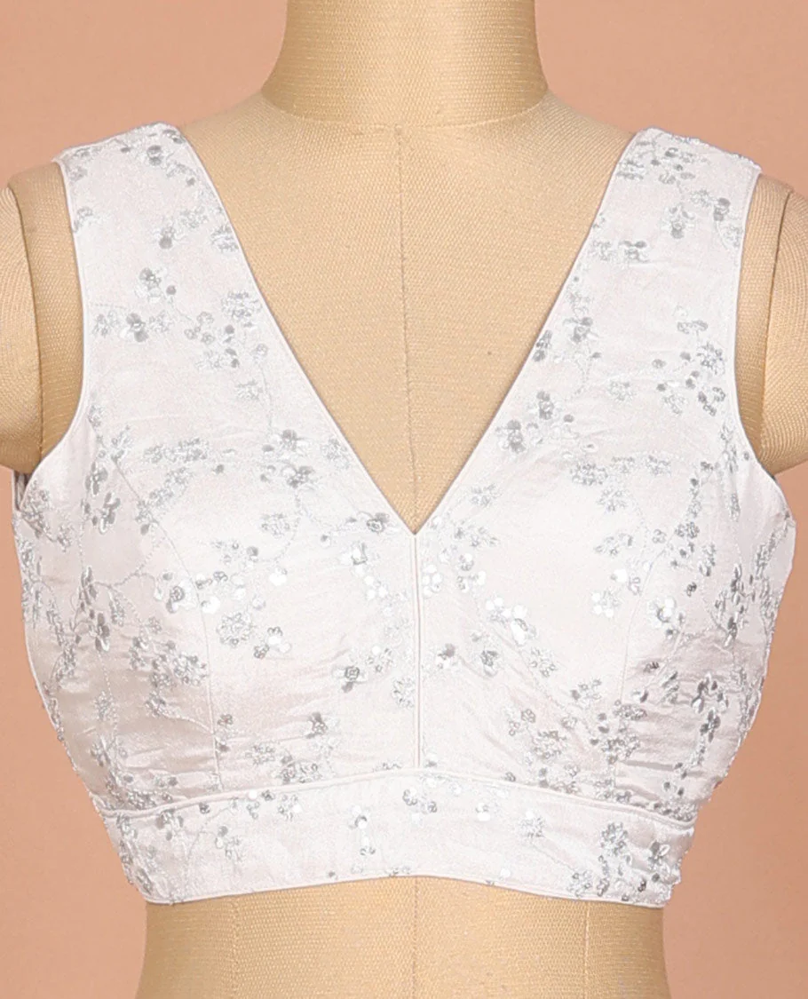 Off-white floral vine thread embroidered sleeveless readymade blouse with front and back deep-V neck - Image 3