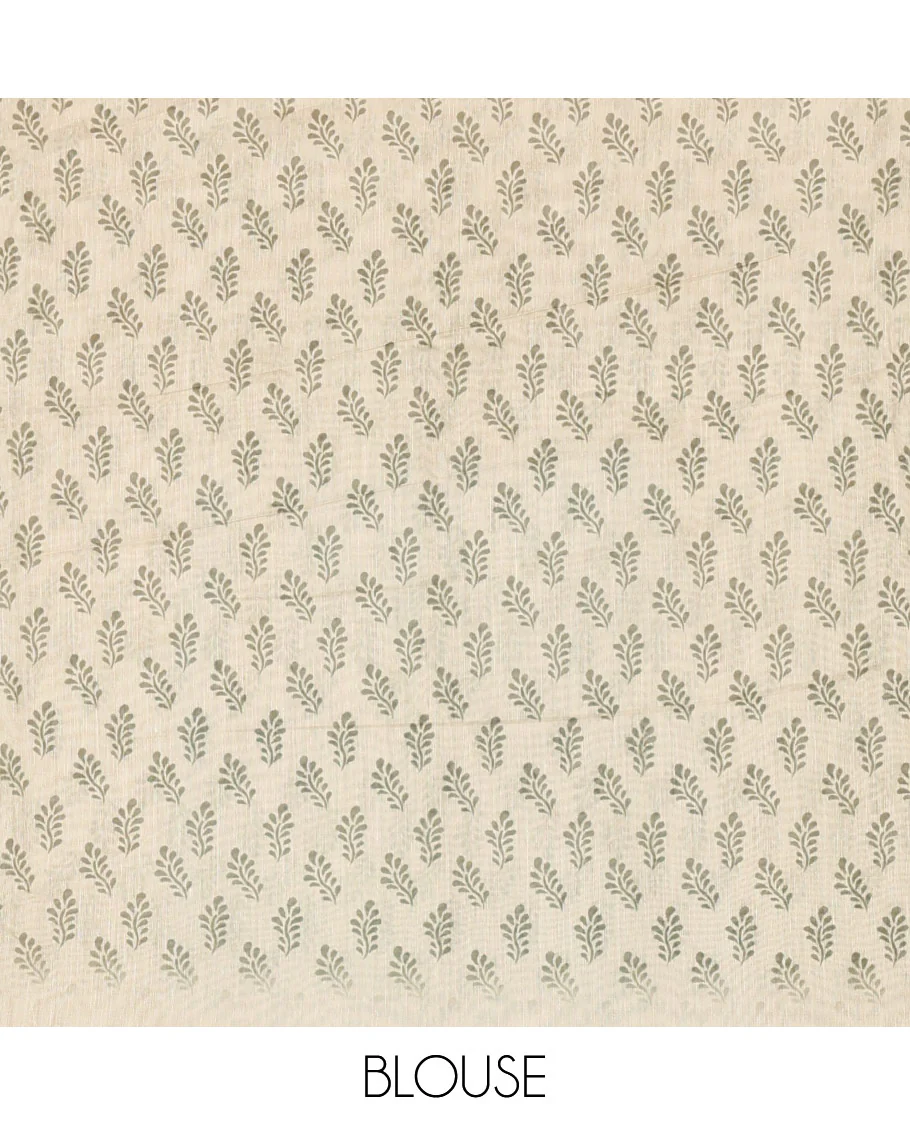 Olive green bamboo motifs printed chanderi cotton saree, contrast plain border, bamboo motifs printed pallu, and a contrast unique motifs printed blouse - Image 3