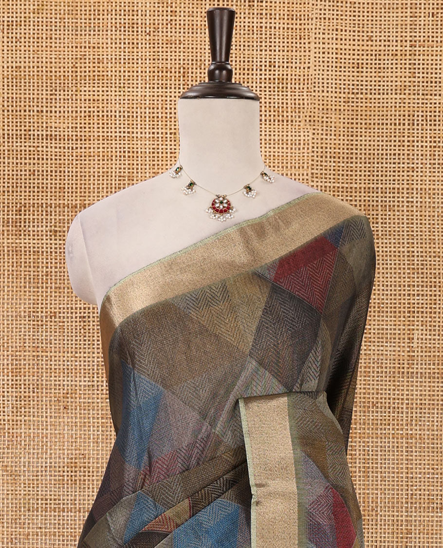 Olive green geometric-abstract printed black spun linen saree, zari piping border, Madhubani peacock printed pallu & Madhubani printed blouse - Image 3
