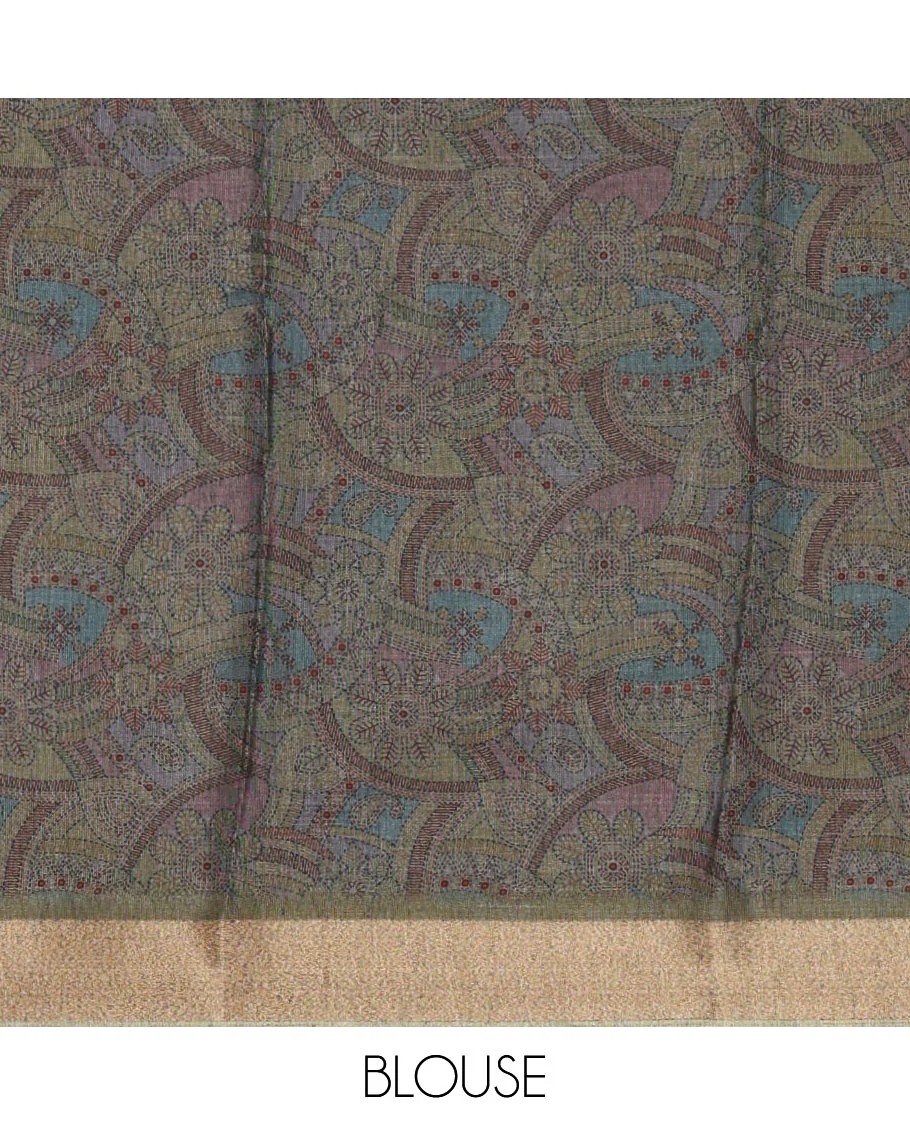 Olive green geometric-abstract printed black spun linen saree, zari piping border, Madhubani peacock printed pallu & Madhubani printed blouse - Image 4