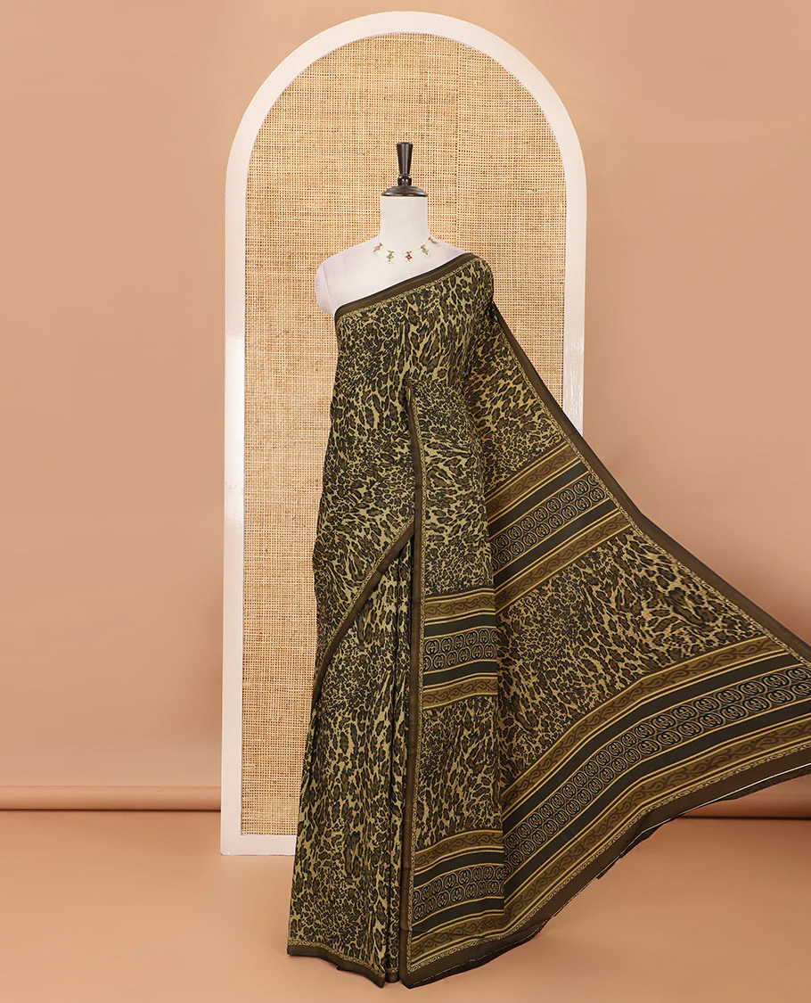 Olive green leopard animal-skin-style printed satin crepe saree, printed piping border & printed blouse