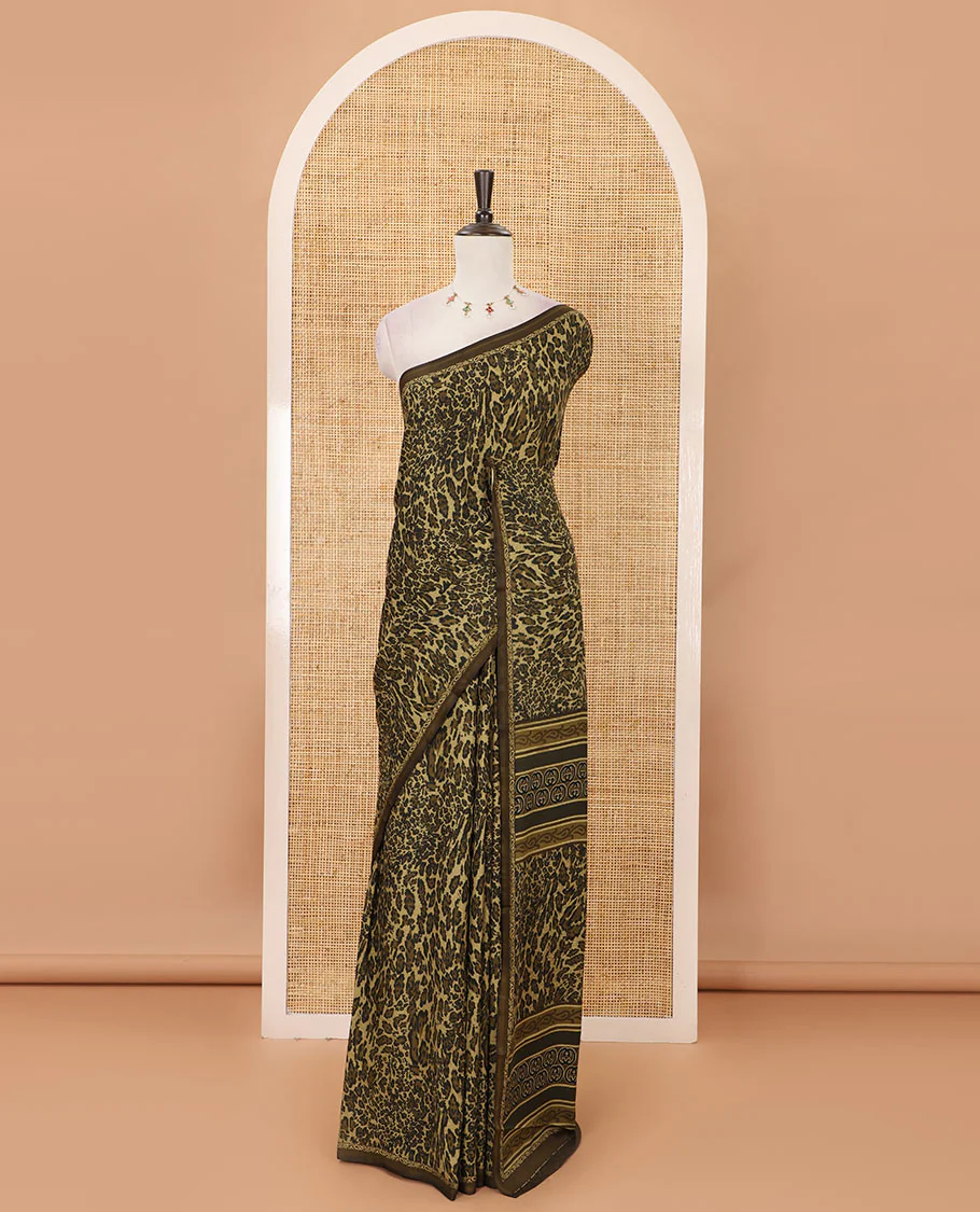 Olive green leopard animal-skin-style printed satin crepe saree, printed piping border & printed blouse - Image 2