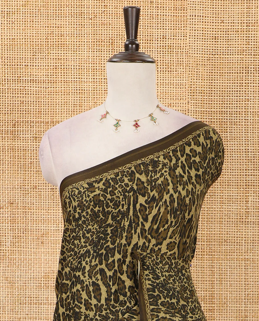 Olive green leopard animal-skin-style printed satin crepe saree, printed piping border & printed blouse - Image 3