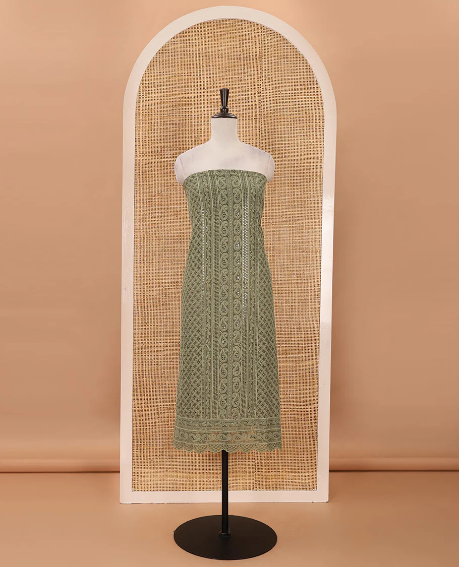 Olive green material chudidar set, floral, paisley & geometric schiffli embroidered georgette top & orginal mirror embroidered georgette dupatta - Image 3