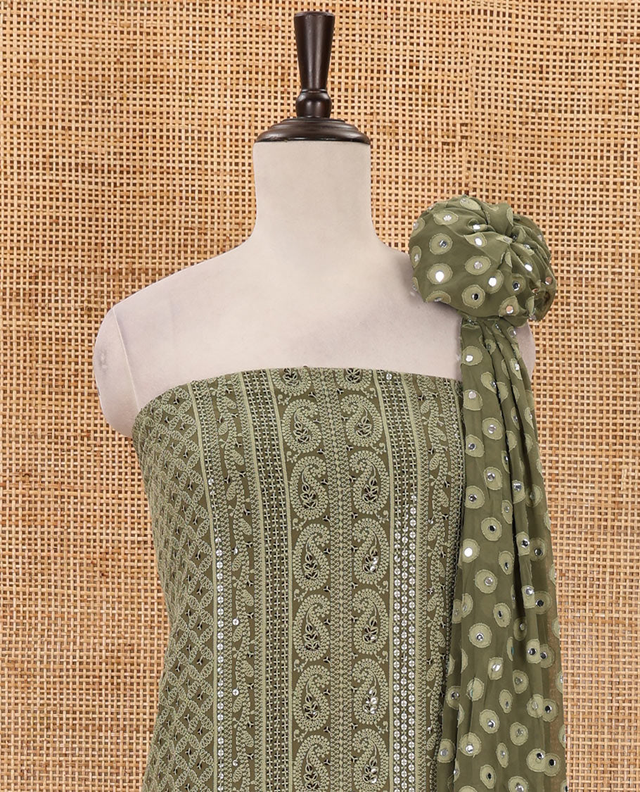 Olive green material chudidar set, floral, paisley & geometric schiffli embroidered georgette top & orginal mirror embroidered georgette dupatta - Image 4