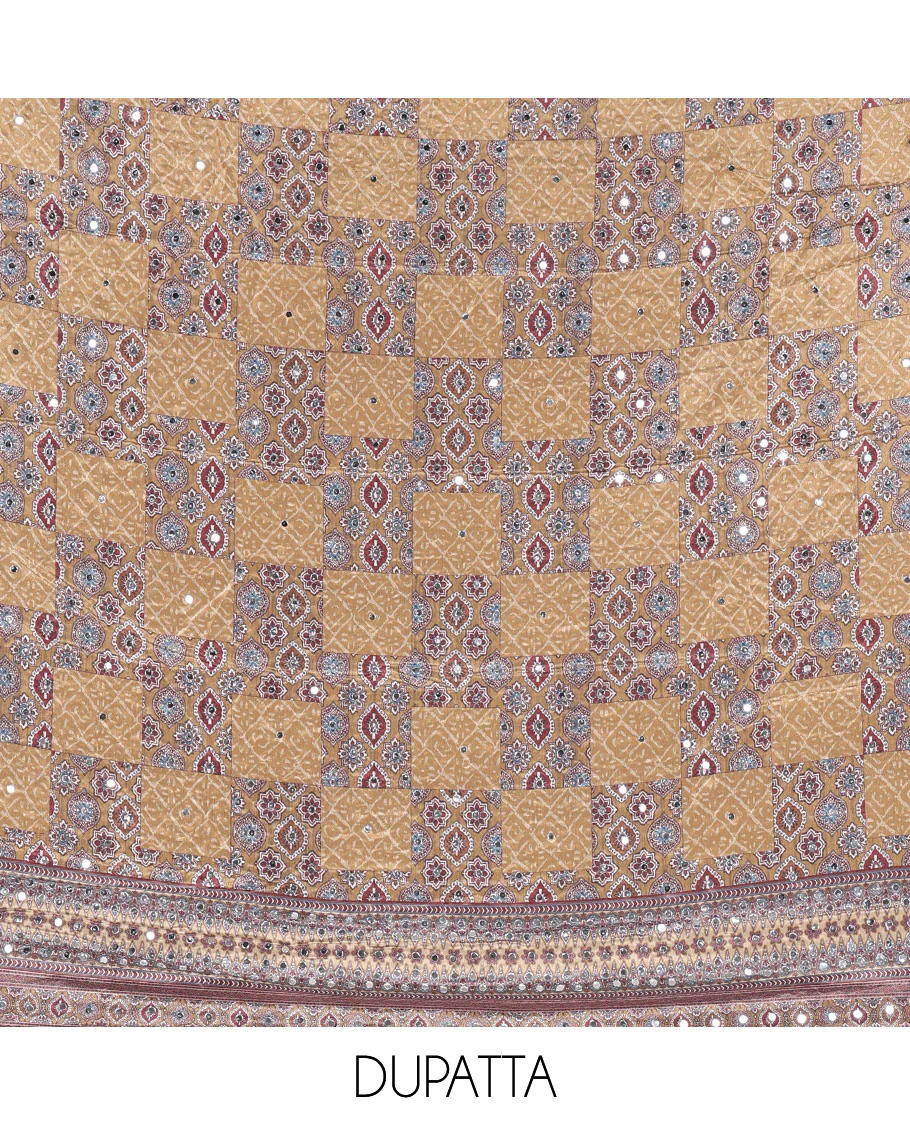 Olive green material chudidar set, intricately printed with neck mirror work crepe top, Italian crepe bottom, and digital printed mirror work chinon dupatta - Image 2