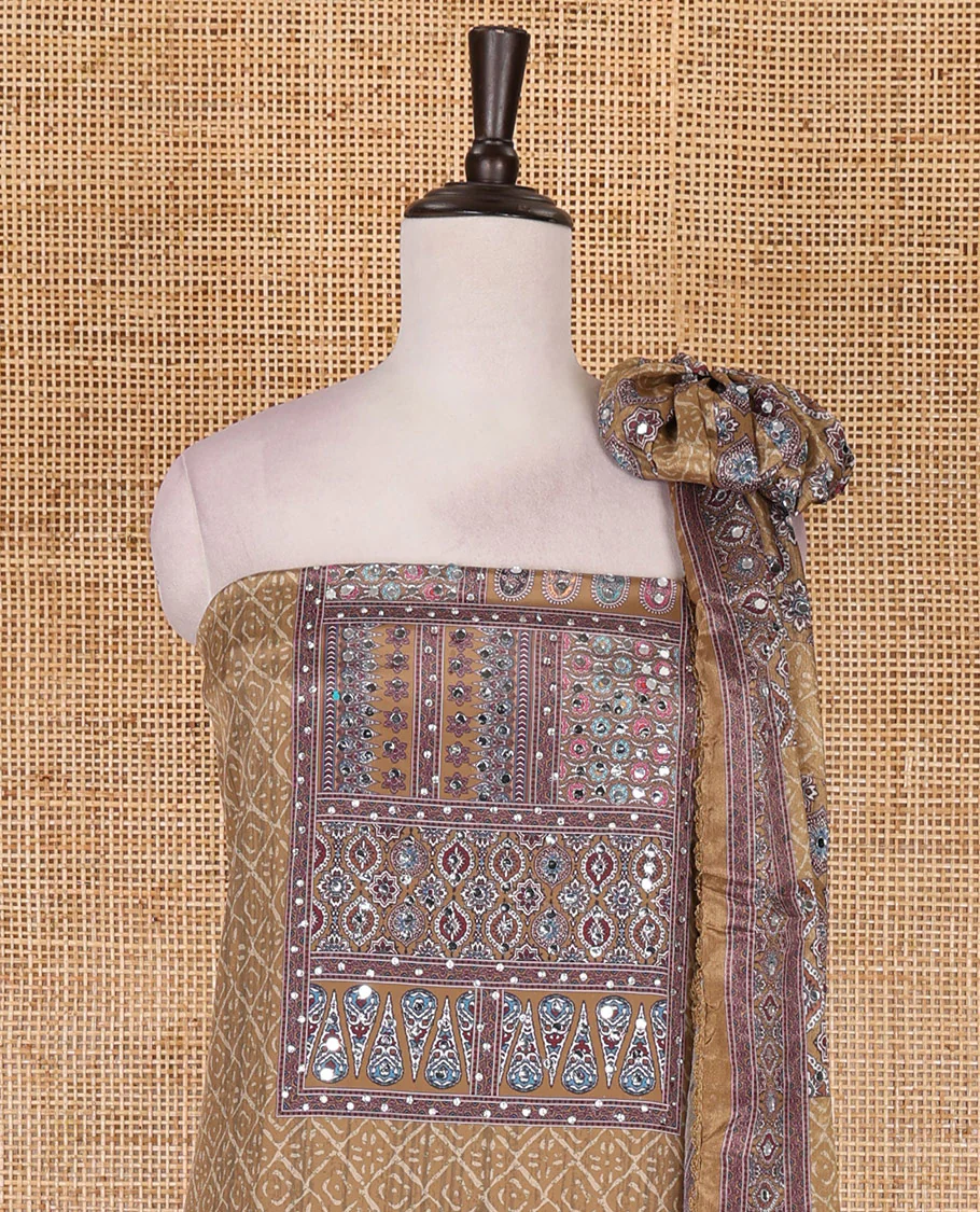 Olive green material chudidar set, intricately printed with neck mirror work crepe top, Italian crepe bottom, and digital printed mirror work chinon dupatta - Image 3