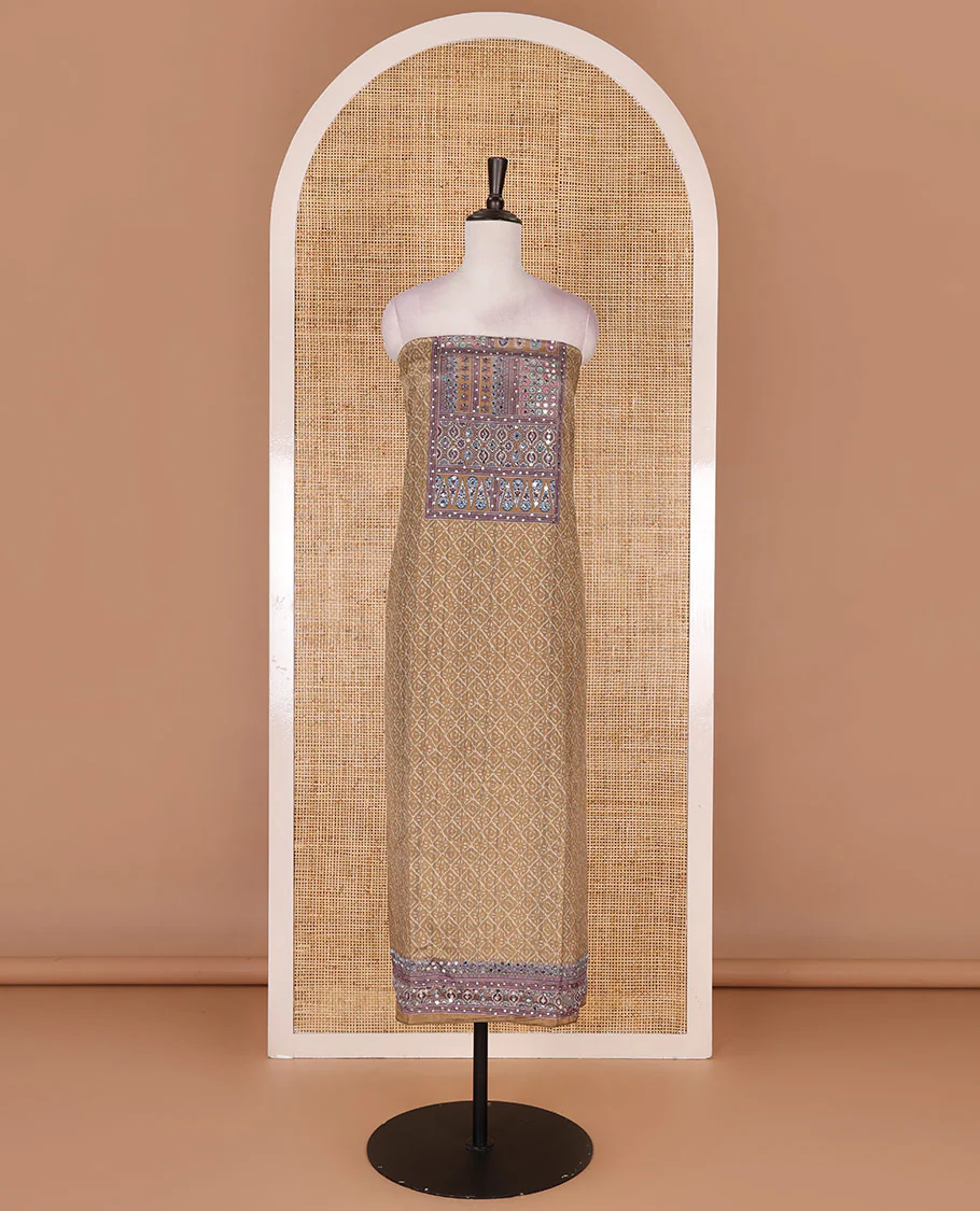 Olive green material chudidar set, intricately printed with neck mirror work crepe top, Italian crepe bottom, and digital printed mirror work chinon dupatta - Image 4